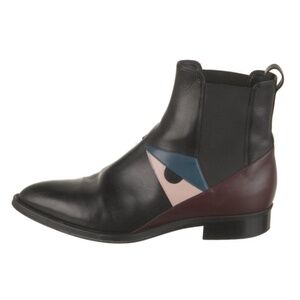 Fendi Leather Ankle Chelsea Boot Black Monsters Motif Semi-Pointed Toes Size 7.5